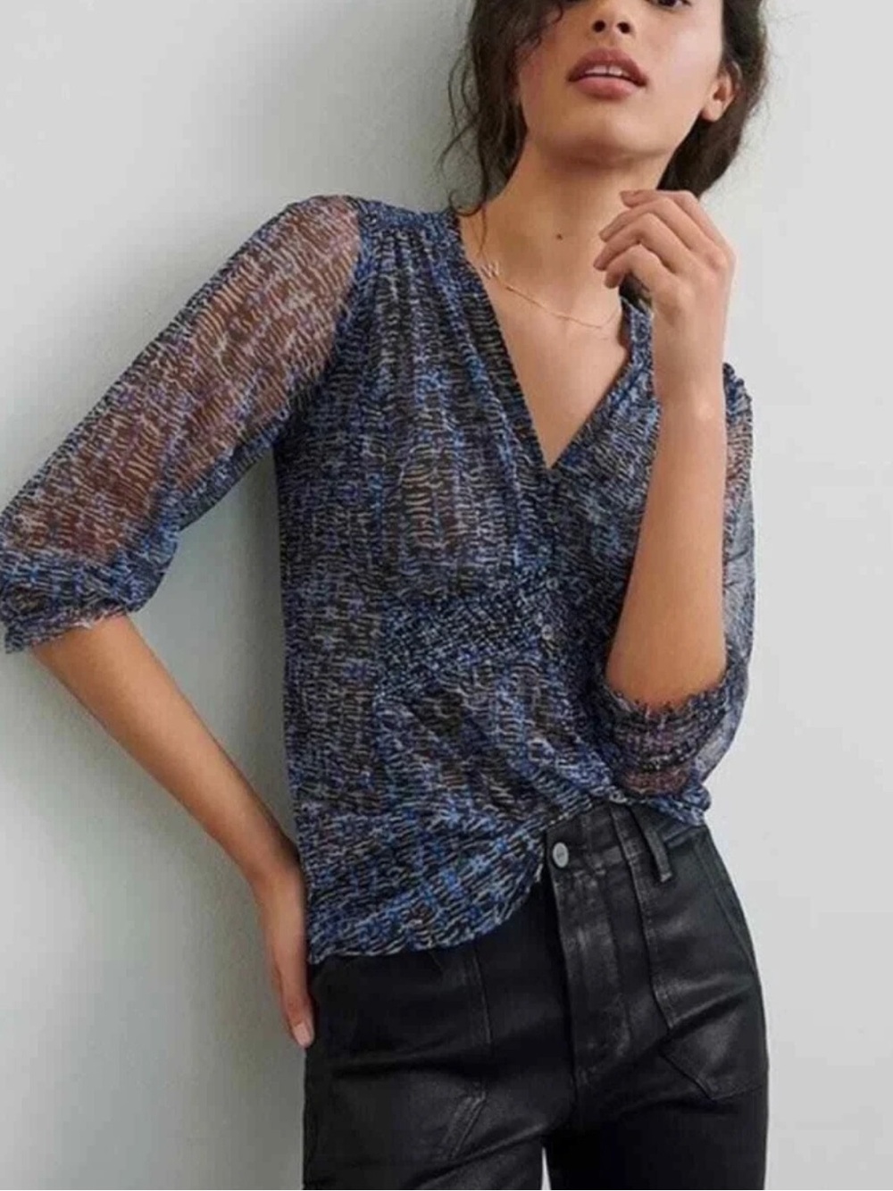 NEW! Anthropologie Gretchen Blue and Black Smocked Semi-Sheer Blouse Size Small